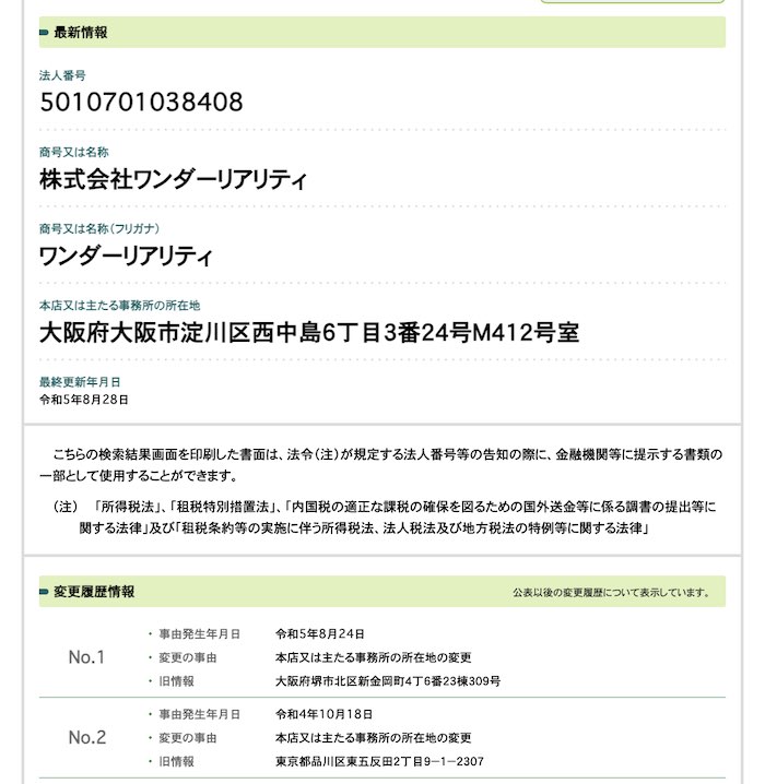 株式会社ワンダーリアリティの登記